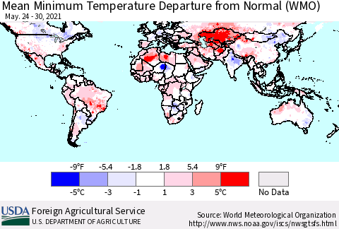 World Mean Minimum Temperature Departure from Normal (WMO) Thematic Map For 5/24/2021 - 5/30/2021