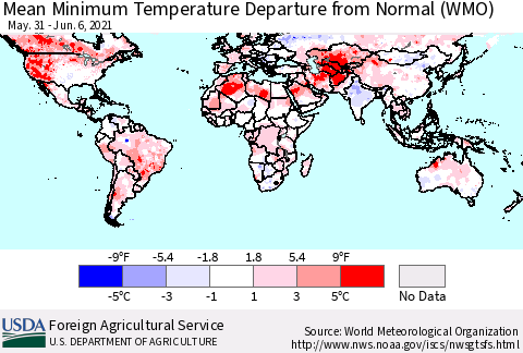 World Mean Minimum Temperature Departure from Normal (WMO) Thematic Map For 5/31/2021 - 6/6/2021
