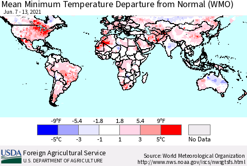 World Mean Minimum Temperature Departure from Normal (WMO) Thematic Map For 6/7/2021 - 6/13/2021