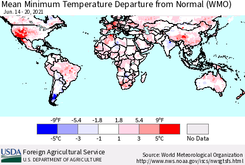 World Mean Minimum Temperature Departure from Normal (WMO) Thematic Map For 6/14/2021 - 6/20/2021