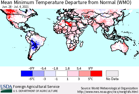 World Mean Minimum Temperature Departure from Normal (WMO) Thematic Map For 6/28/2021 - 7/4/2021