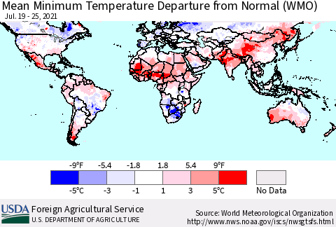 World Mean Minimum Temperature Departure from Normal (WMO) Thematic Map For 7/19/2021 - 7/25/2021