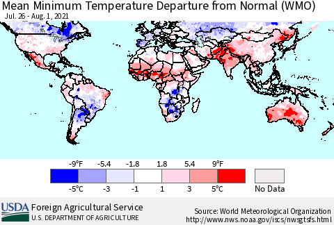 World Mean Minimum Temperature Departure from Normal (WMO) Thematic Map For 7/26/2021 - 8/1/2021