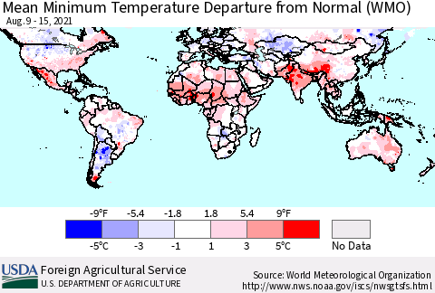 World Mean Minimum Temperature Departure from Normal (WMO) Thematic Map For 8/9/2021 - 8/15/2021