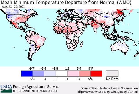 World Mean Minimum Temperature Departure from Normal (WMO) Thematic Map For 8/23/2021 - 8/29/2021