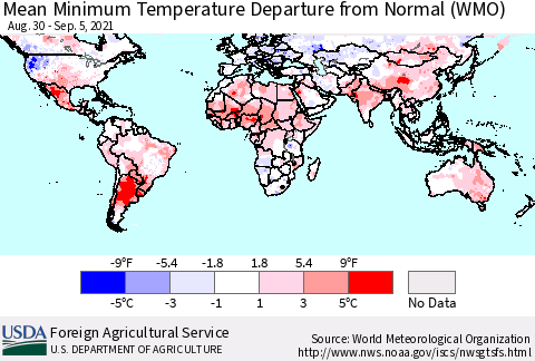 World Mean Minimum Temperature Departure from Normal (WMO) Thematic Map For 8/30/2021 - 9/5/2021