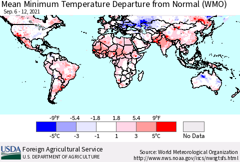World Mean Minimum Temperature Departure from Normal (WMO) Thematic Map For 9/6/2021 - 9/12/2021