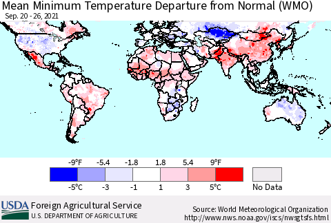 World Mean Minimum Temperature Departure from Normal (WMO) Thematic Map For 9/20/2021 - 9/26/2021