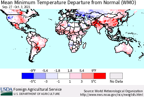 World Mean Minimum Temperature Departure from Normal (WMO) Thematic Map For 9/27/2021 - 10/3/2021