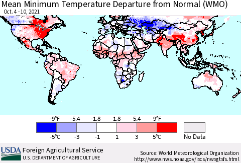 World Mean Minimum Temperature Departure from Normal (WMO) Thematic Map For 10/4/2021 - 10/10/2021