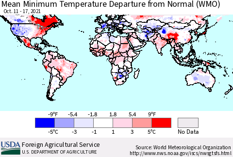 World Mean Minimum Temperature Departure from Normal (WMO) Thematic Map For 10/11/2021 - 10/17/2021