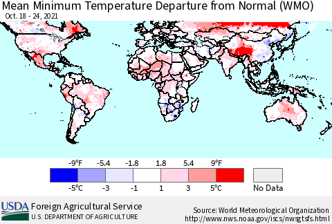 World Mean Minimum Temperature Departure from Normal (WMO) Thematic Map For 10/18/2021 - 10/24/2021