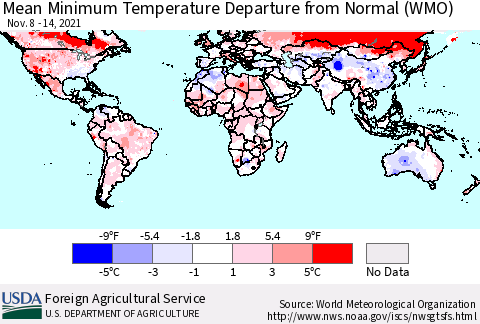 World Mean Minimum Temperature Departure from Normal (WMO) Thematic Map For 11/8/2021 - 11/14/2021