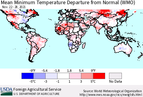 World Mean Minimum Temperature Departure from Normal (WMO) Thematic Map For 11/22/2021 - 11/28/2021