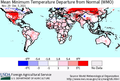 World Mean Minimum Temperature Departure from Normal (WMO) Thematic Map For 11/29/2021 - 12/5/2021
