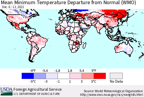 World Mean Minimum Temperature Departure from Normal (WMO) Thematic Map For 12/6/2021 - 12/12/2021