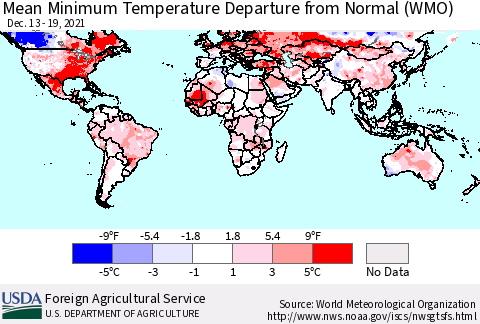 World Mean Minimum Temperature Departure from Normal (WMO) Thematic Map For 12/13/2021 - 12/19/2021