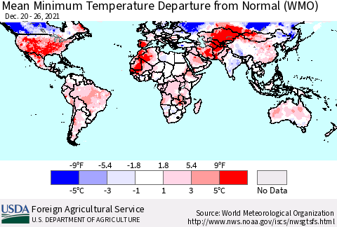 World Mean Minimum Temperature Departure from Normal (WMO) Thematic Map For 12/20/2021 - 12/26/2021