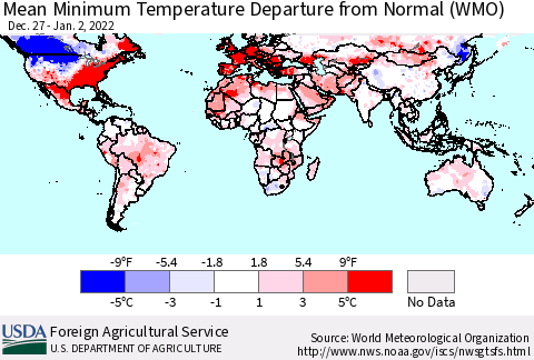 World Mean Minimum Temperature Departure from Normal (WMO) Thematic Map For 12/27/2021 - 1/2/2022