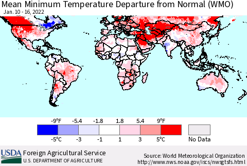 World Mean Minimum Temperature Departure from Normal (WMO) Thematic Map For 1/10/2022 - 1/16/2022