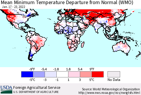 World Mean Minimum Temperature Departure from Normal (WMO) Thematic Map For 1/17/2022 - 1/23/2022