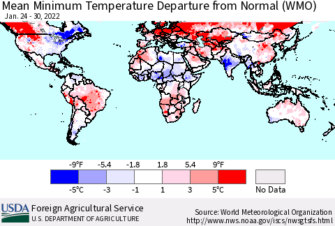 World Mean Minimum Temperature Departure from Normal (WMO) Thematic Map For 1/24/2022 - 1/30/2022