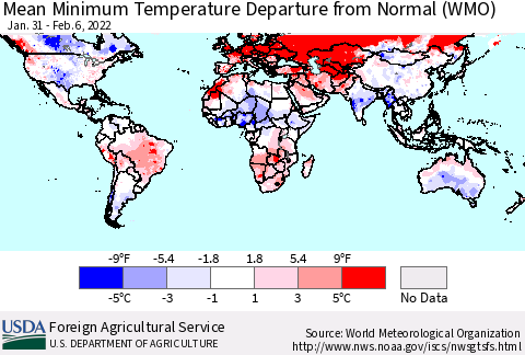 World Mean Minimum Temperature Departure from Normal (WMO) Thematic Map For 1/31/2022 - 2/6/2022