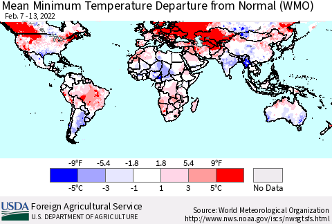 World Mean Minimum Temperature Departure from Normal (WMO) Thematic Map For 2/7/2022 - 2/13/2022