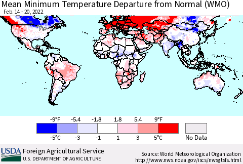 World Mean Minimum Temperature Departure from Normal (WMO) Thematic Map For 2/14/2022 - 2/20/2022