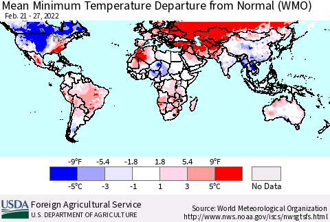 World Mean Minimum Temperature Departure from Normal (WMO) Thematic Map For 2/21/2022 - 2/27/2022