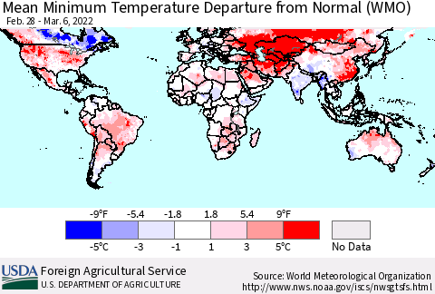World Mean Minimum Temperature Departure from Normal (WMO) Thematic Map For 2/28/2022 - 3/6/2022