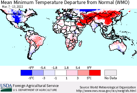 World Mean Minimum Temperature Departure from Normal (WMO) Thematic Map For 3/7/2022 - 3/13/2022