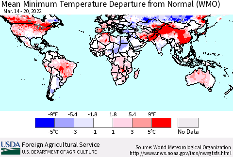 World Mean Minimum Temperature Departure from Normal (WMO) Thematic Map For 3/14/2022 - 3/20/2022