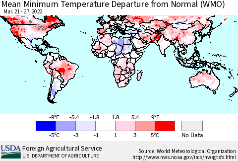 World Mean Minimum Temperature Departure from Normal (WMO) Thematic Map For 3/21/2022 - 3/27/2022
