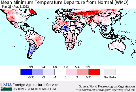 World Mean Minimum Temperature Departure from Normal (WMO) Thematic Map For 3/28/2022 - 4/3/2022