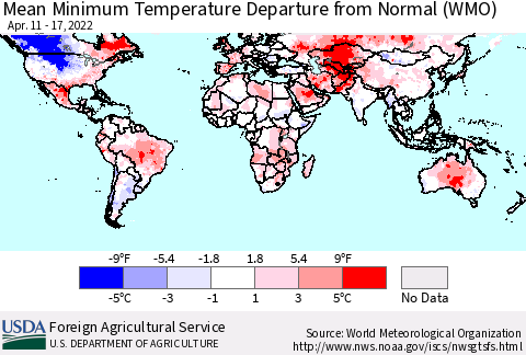 World Mean Minimum Temperature Departure from Normal (WMO) Thematic Map For 4/11/2022 - 4/17/2022