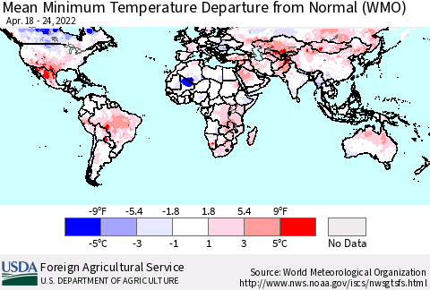 World Mean Minimum Temperature Departure from Normal (WMO) Thematic Map For 4/18/2022 - 4/24/2022