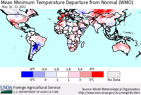 World Mean Minimum Temperature Departure from Normal (WMO) Thematic Map For 5/16/2022 - 5/22/2022