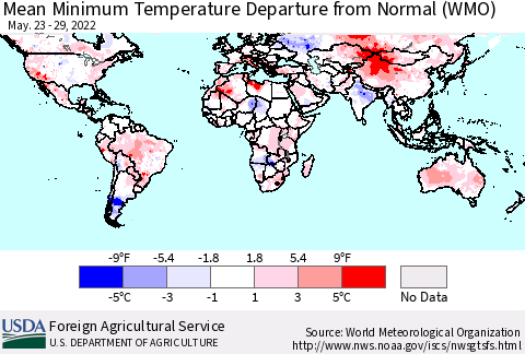 World Mean Minimum Temperature Departure from Normal (WMO) Thematic Map For 5/23/2022 - 5/29/2022
