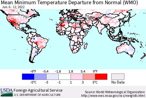 World Mean Minimum Temperature Departure from Normal (WMO) Thematic Map For 6/6/2022 - 6/12/2022