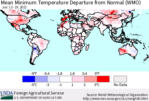 World Mean Minimum Temperature Departure from Normal (WMO) Thematic Map For 6/13/2022 - 6/19/2022