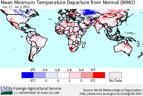 World Mean Minimum Temperature Departure from Normal (WMO) Thematic Map For 6/27/2022 - 7/3/2022