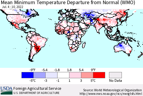 World Mean Minimum Temperature Departure from Normal (WMO) Thematic Map For 7/4/2022 - 7/10/2022