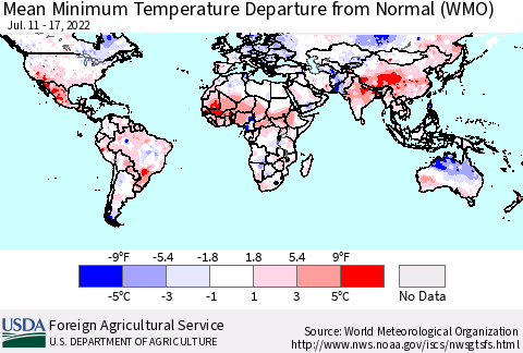 World Mean Minimum Temperature Departure from Normal (WMO) Thematic Map For 7/11/2022 - 7/17/2022