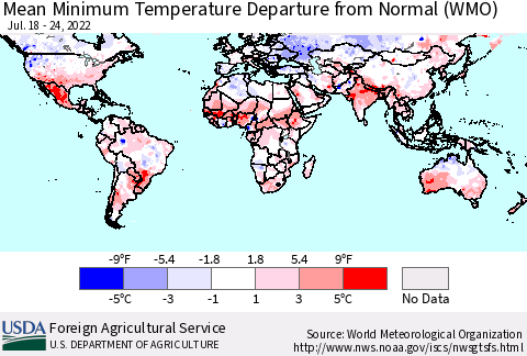 World Mean Minimum Temperature Departure from Normal (WMO) Thematic Map For 7/18/2022 - 7/24/2022