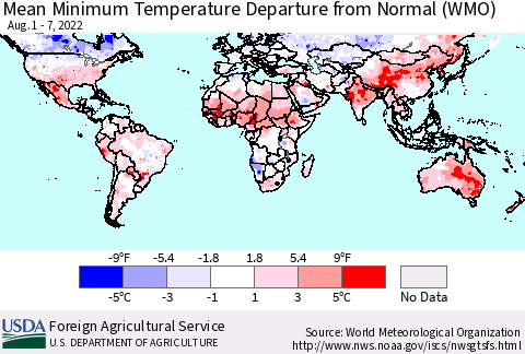 World Mean Minimum Temperature Departure from Normal (WMO) Thematic Map For 8/1/2022 - 8/7/2022