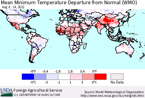 World Mean Minimum Temperature Departure from Normal (WMO) Thematic Map For 8/8/2022 - 8/14/2022