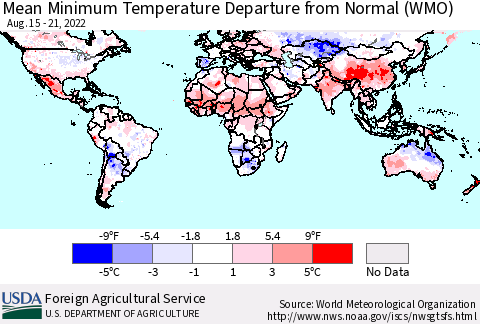 World Mean Minimum Temperature Departure from Normal (WMO) Thematic Map For 8/15/2022 - 8/21/2022