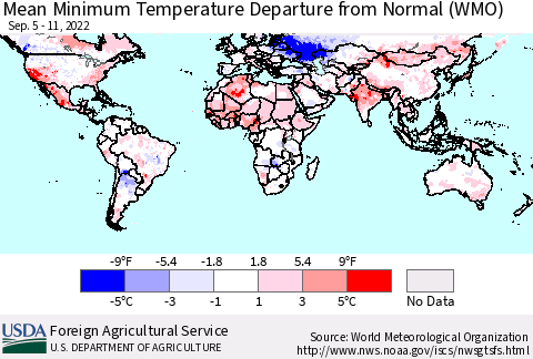 World Mean Minimum Temperature Departure from Normal (WMO) Thematic Map For 9/5/2022 - 9/11/2022