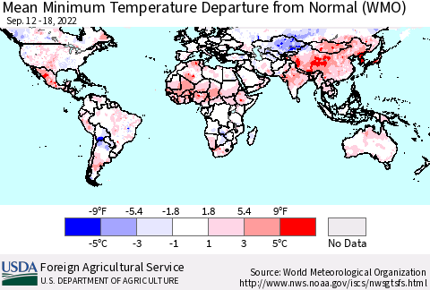 World Mean Minimum Temperature Departure from Normal (WMO) Thematic Map For 9/12/2022 - 9/18/2022